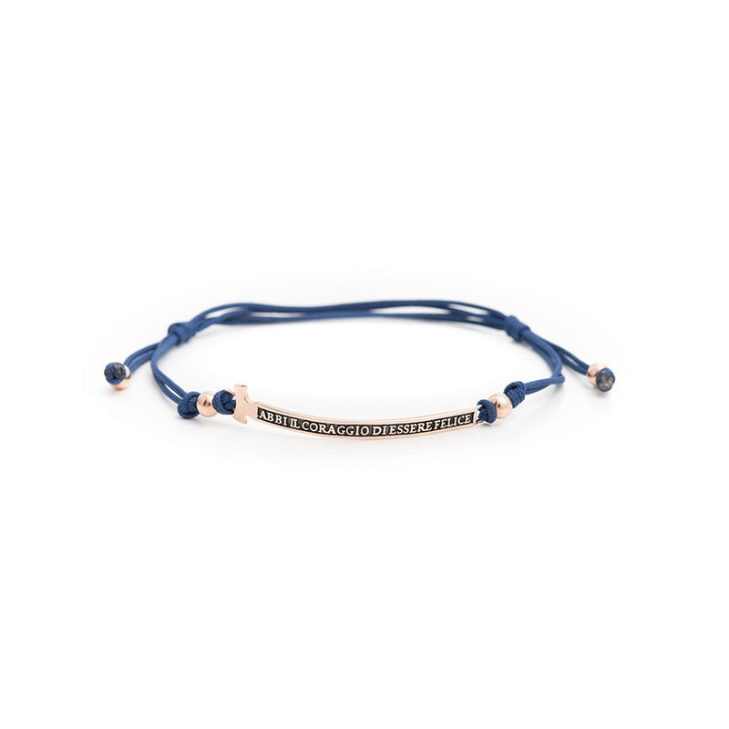 Bracciale in corda "Felix" - Corda Blu / Targhetta Rosé